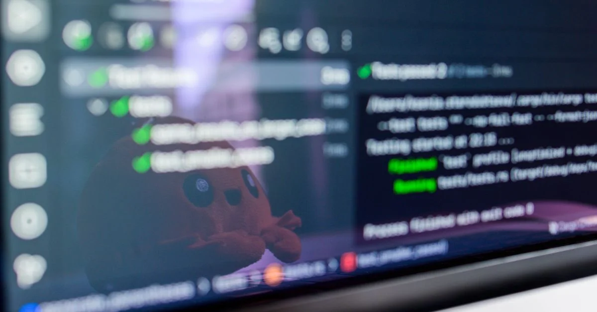Gros plan sur un écran d'ordinateur portable affichant du code de programmation avec un jouet en peluche mignon en reflet.