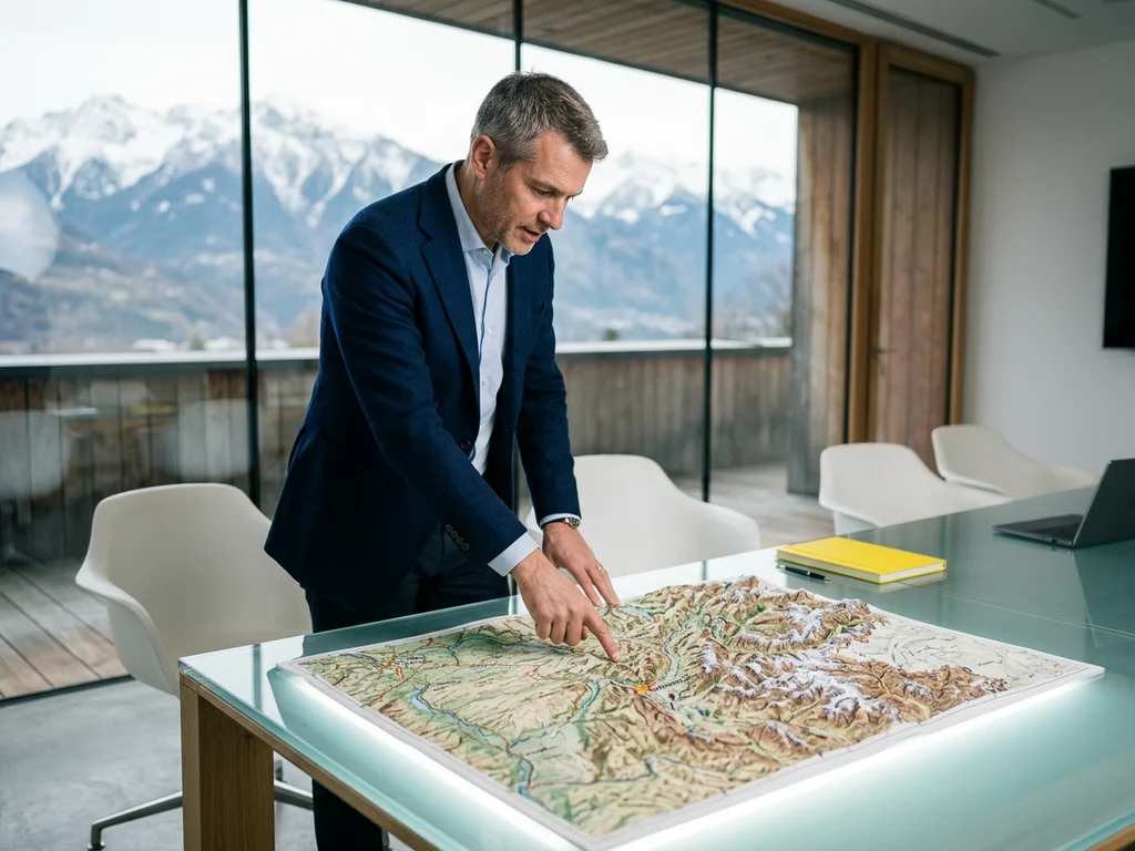 Consultant analysant une carte de l'Isère pour le référencement local des entreprises de l'agglomération grenobloise.