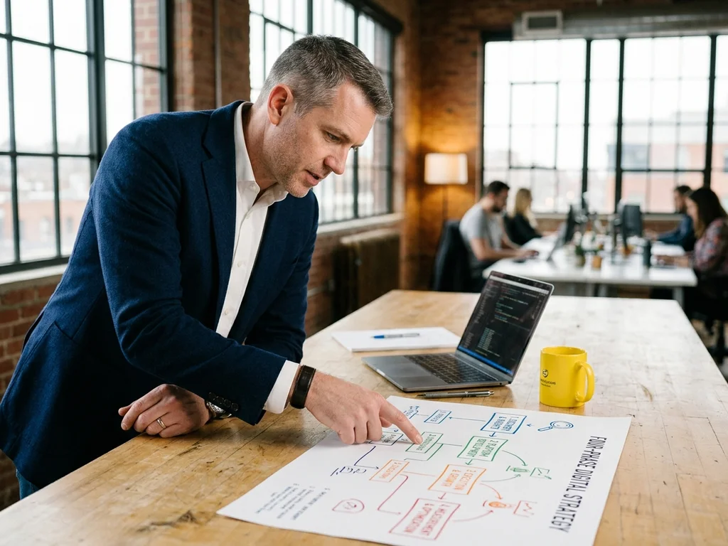 Expert SEO guidant un client à travers les étapes d'une stratégie d'acquisition structurée.
